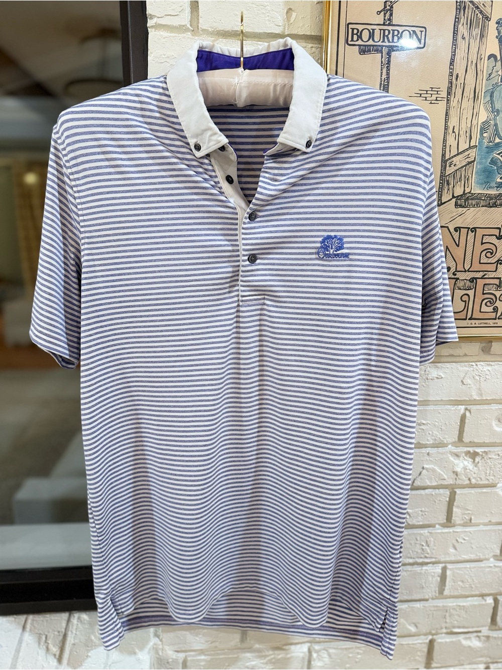 Greyson Blue and White Striped Polo with Contrast Collar